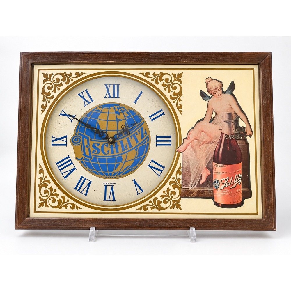 Schlitz Beer Wall Clock George Nathan Vintage Brown Mirrored Bar Sign Clock